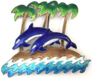 Vintage Tropical Brooch Silver Tone Metal Enamel Dolphin Palm Tree Beach Waves