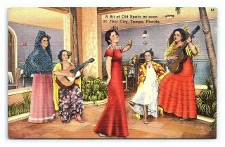 Vintage Postcard Spanish Guitars Dancer Ybor City Tampa Florida J9