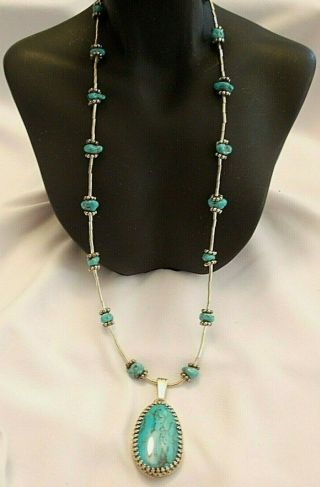 Vintage Southwestern Sterling Silver Necklace And Turquoise Pendant