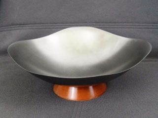 Vtg Stainless Steel Serving Dish By West Bend Usa Wood Base Mcm Fruit Chip Bowl
