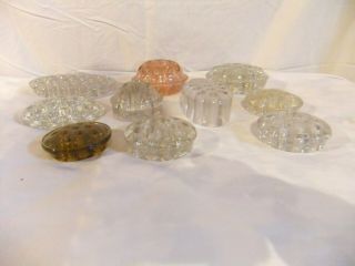 10 Vintage Glass Flower Frog Arrangement Holders.  8 Clear,  1 pink & 1 amber 3