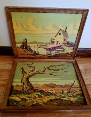 Pair Vintage Paint By Number Pictures Seashore Mountains Desert Wood Framed 1950