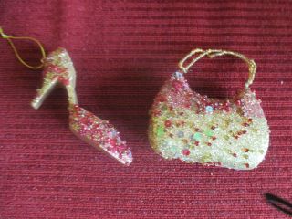Vintage Red Glitter Shoe & Purse 2 Pc Christmas Tree Ornament