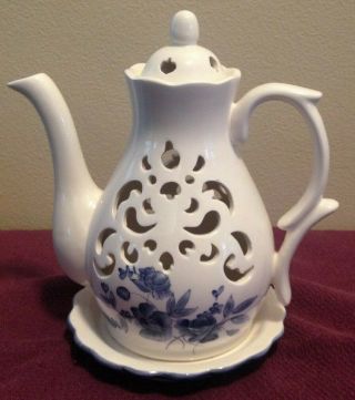 Vintage Floral Blue White Ceramic Decorative Teapot Candle Holder