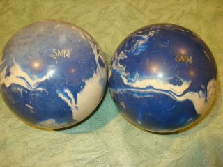 Vintage Set Of 2 Unmarked Duckpin Bowling Balls Dark Blue/white 5 " Approx 3 10