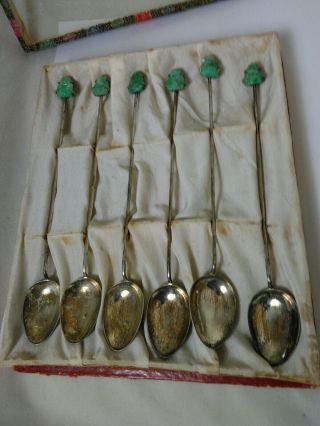 6 Vintage Silver Chinese Ice Tea Spoons With Carved Buddha Green Jade Antique