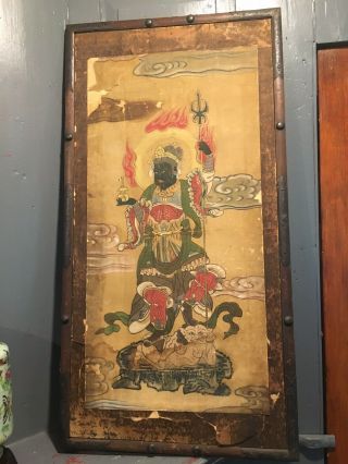 17th 18th C Antique Framed Tibetan Thangka Green Face Buddha Standing On Devil