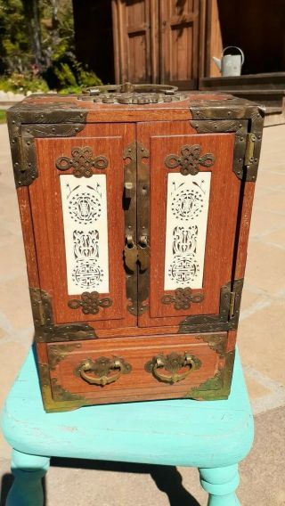Old Chinese Hand Carved Jade Brass Wood Jewelry Box Chest Cabinet