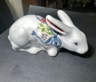Large Vintage Ns Gustin Usa Hand Painted Floral Ceramic Bunny With Glass Eyes