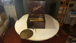 Antique Polyphon 8 1/8 " Disc Music Box No.  41 Lever Wind - Plays Good Comb
