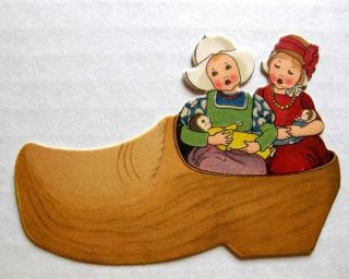 Vintage Bridge Tally Place Card Dutch Girls W/ Dolls In Wooden Shoe