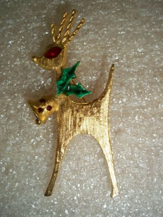 Vintage Mylu Gold Tone Enamel And Rhinestone Christmas Reindeer Brooch