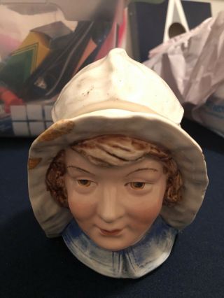 Antique Blonde Woman Hat Majolica Tobacco Humidor Jar 1900s Ceramic