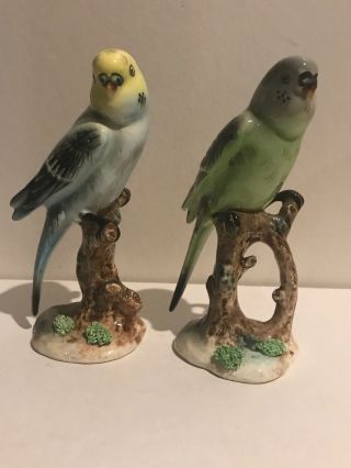 Pair Vintage Parakeet Budgerigar Budgie Bird Figurine Blue Yellow Green