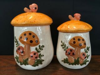 Set Of 2 Vintage Ceramic Mushroom Design Canisters Containers Lids Hand Painted