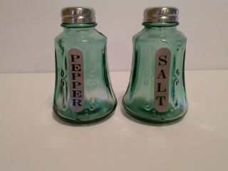 Vintage Salt & Pepper Shakers Blue/green Glass,  Raised Design.