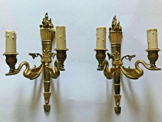 Pair Antique French Bronze Swan Animal Figural Wall Lights Sconces Empire