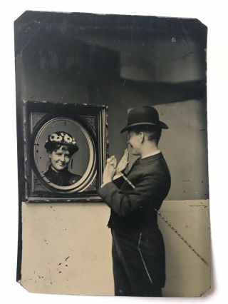 Unusual Antique Tintype Photo Of Woman In Frame With Delighted Man In Awe
