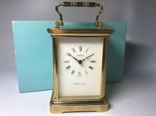 Vintage Tiffany & Co Brass Quartz Table Clock W/ Handle & Box Revlon 15 Years