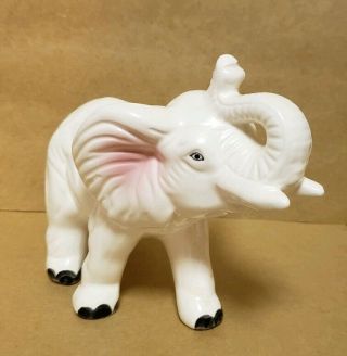 Vintage Ceramic White Elephant Trunk Up Good Luck Figurine Yung Kee Taiwan Label
