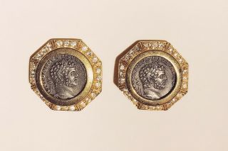 Vintage Jewelry - 1970s Ancient Roman Coin Rhinestone Encrusted Gold Pl Earrings