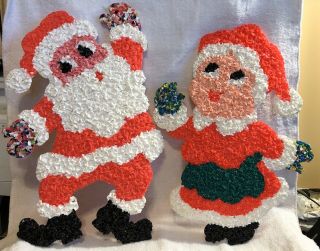Santa & Mrs Claus Vintage Christmas Melted Plastic Popcorn Decorations