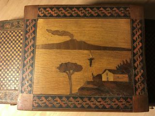 Vintage Inlaid Wood Cigarette Box,  Open Rack Holds 40,  2 Drawers for Matches 2