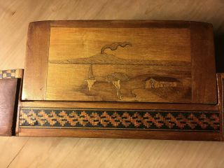 Vintage Inlaid Wood Cigarette Box,  Open Rack Holds 40,  2 Drawers for Matches 3