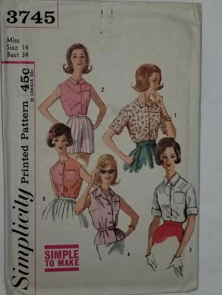 Blouse Shirt Top Sewing Pattern Size 14 Simplicity 3745 Cut Complete Vtg 60 