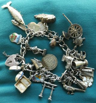 Vintage Sterling Silver Charm Bracelet - 23 Charms - 52.  6g