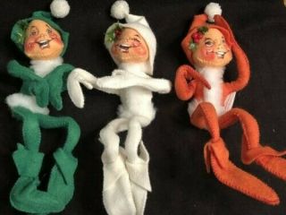 Set Of 3 Vintage Annalee Mobiltee Dolls Elves 1957 Red White Green With Tags