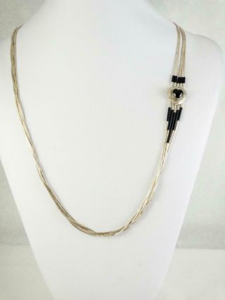 Vintage Native American 5 - Strand Liquid Silver & Black Onyx Heart Necklace 24 "
