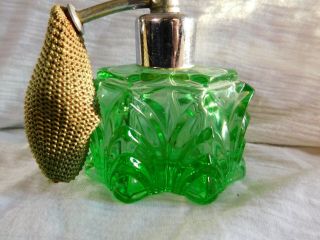 Vintage Antique Green Glass Perfume Bottle Signed Made In Czechoslovakia