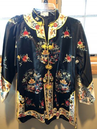 Vintage 1960s Chinese Black Silk Embroidered Robe Jacket Kimono Size Small