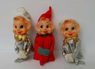3 Vintage Knee Hugger Christmas Elf Japan Pixie Ornament Tag Red Metallic Silver