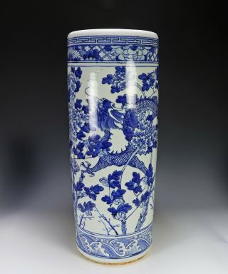 Large Antique Chinese Blue And White Porcelain Umbrella Stand With Dragons