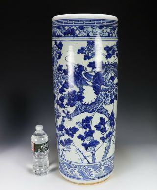 Large Antique Chinese Blue and White Porcelain Umbrella Stand with Dragons 2