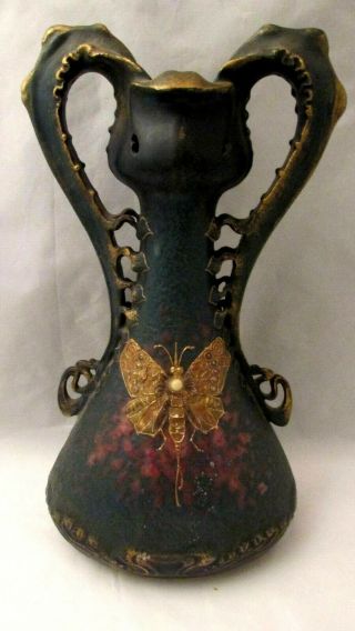 Antique Turn - Teplitz Bohemia Austria / Art Deco Butterfly Vase/handles Urn.  Nr