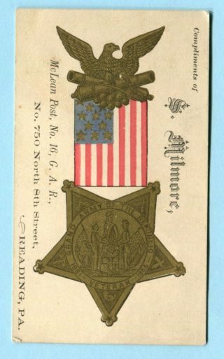 Civil War Gar Badge Business Card Tobacco & Cigar Mclean Post 16 Reading Pa