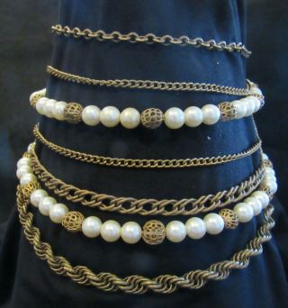 Vintage Medieval Inspired 7 - Chain Pearl And Gold Tone Necklace Costume Tudor