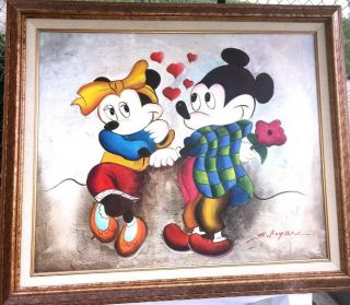 Vintage J.  Roybal American Artist Oil On Canvas Mickey Mouse Signed And Minnie