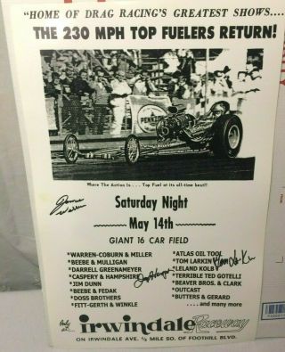 Vtg Drag Racing Poster 1970s Irwindale Raceway Signed Warren,  Hampshire,  Larkin