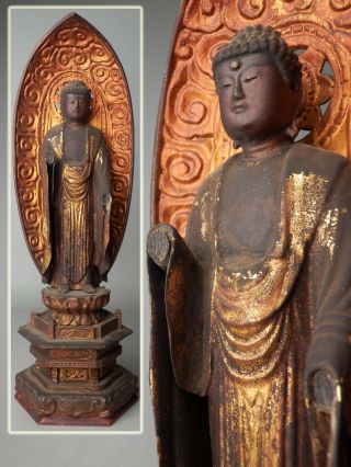 Japanese Antique C1700 Buddhist Amida Nyorai Buddha Gyokugan Crystal Eyes H 37cm