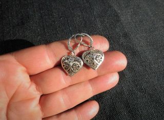 Vintage.  925 Sterling Silver Filigree Puffy Heart Leverback Drop Earrings