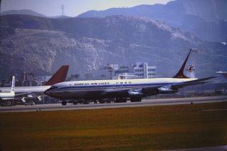 1978 Hong Kong Photo Slide Korean Air Kal B - 707 Kai Tak Hl7435 Hkg