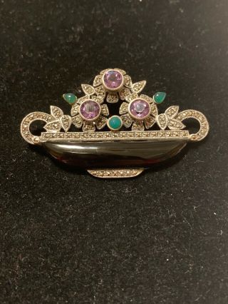 Vtg 925 Silver Marcasite Art Deco Natural Amethyst Onyx Jade Flower Basket Pin