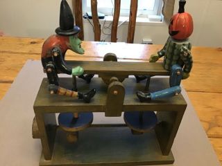 Vintage Halloween Wood Folk Art Witch And Pumpkin Man Toy P