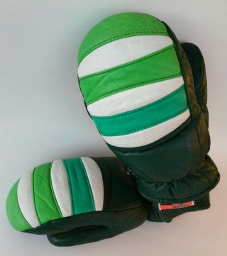 70s Vintage Ski Mittens Kombi Down Womens Large Leather Gloves Green Striped