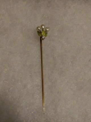 Antique Vintage 14k Gold Pearl Solitaire Diamond & Green Enamel Tie Stick Pin