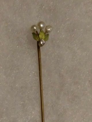 Antique Vintage 14K Gold Pearl Solitaire Diamond & Green Enamel Tie Stick Pin 3